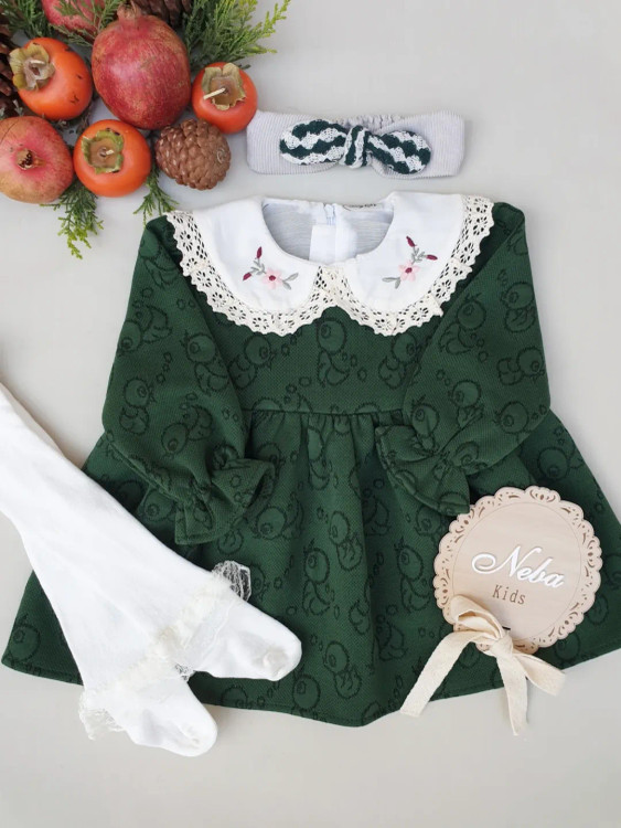 پیراهن دخترانه ژاکارد یقه گلدوزی یلدایی