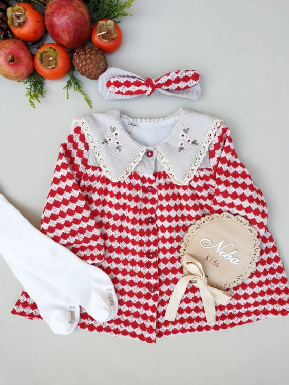 ست پیراهن و تل دخترانه بافت ترک قرمز یلدایی